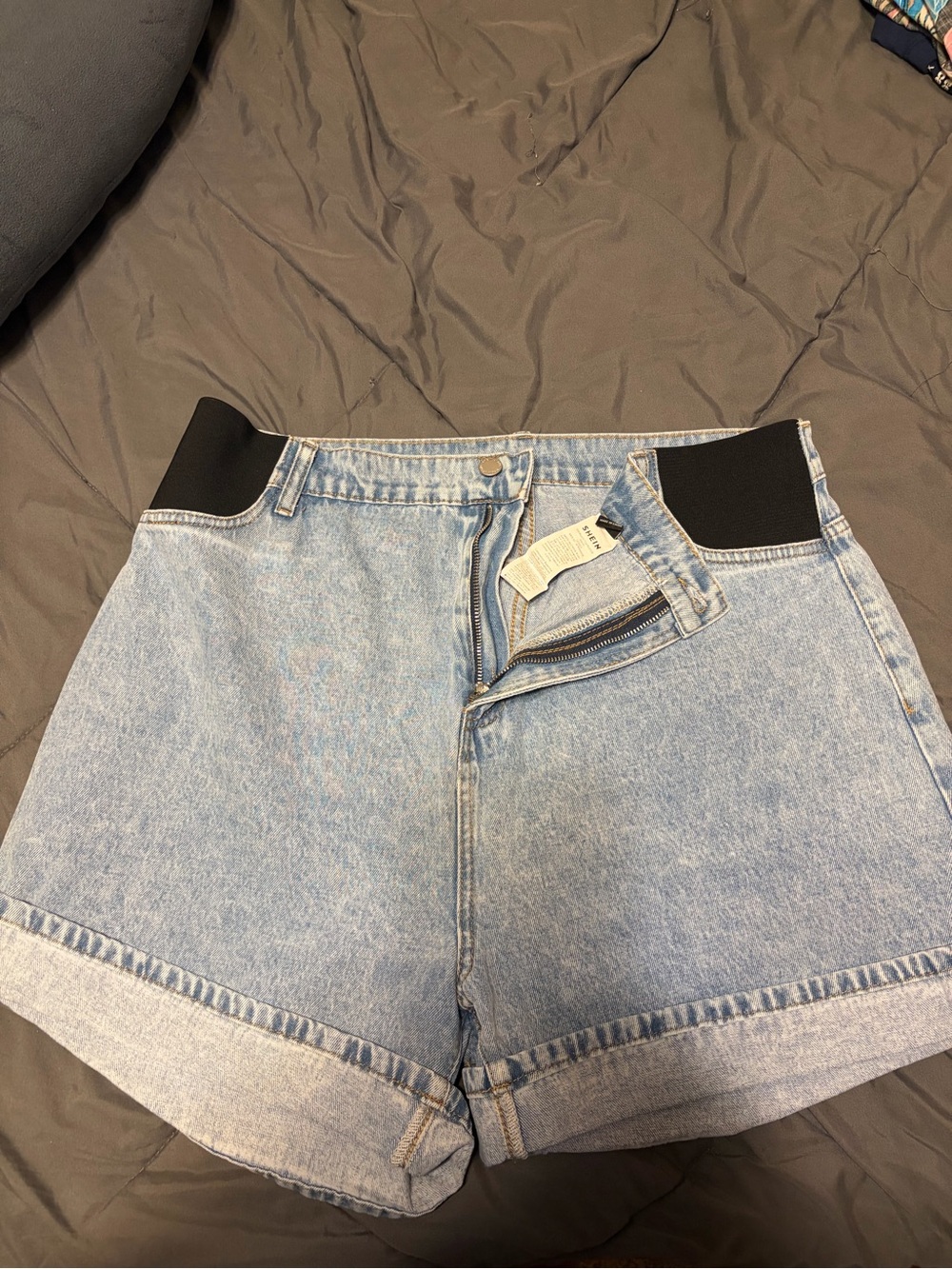 SHEIN Light Blue High-Waist Denim Shorts with Black Elastic Insets